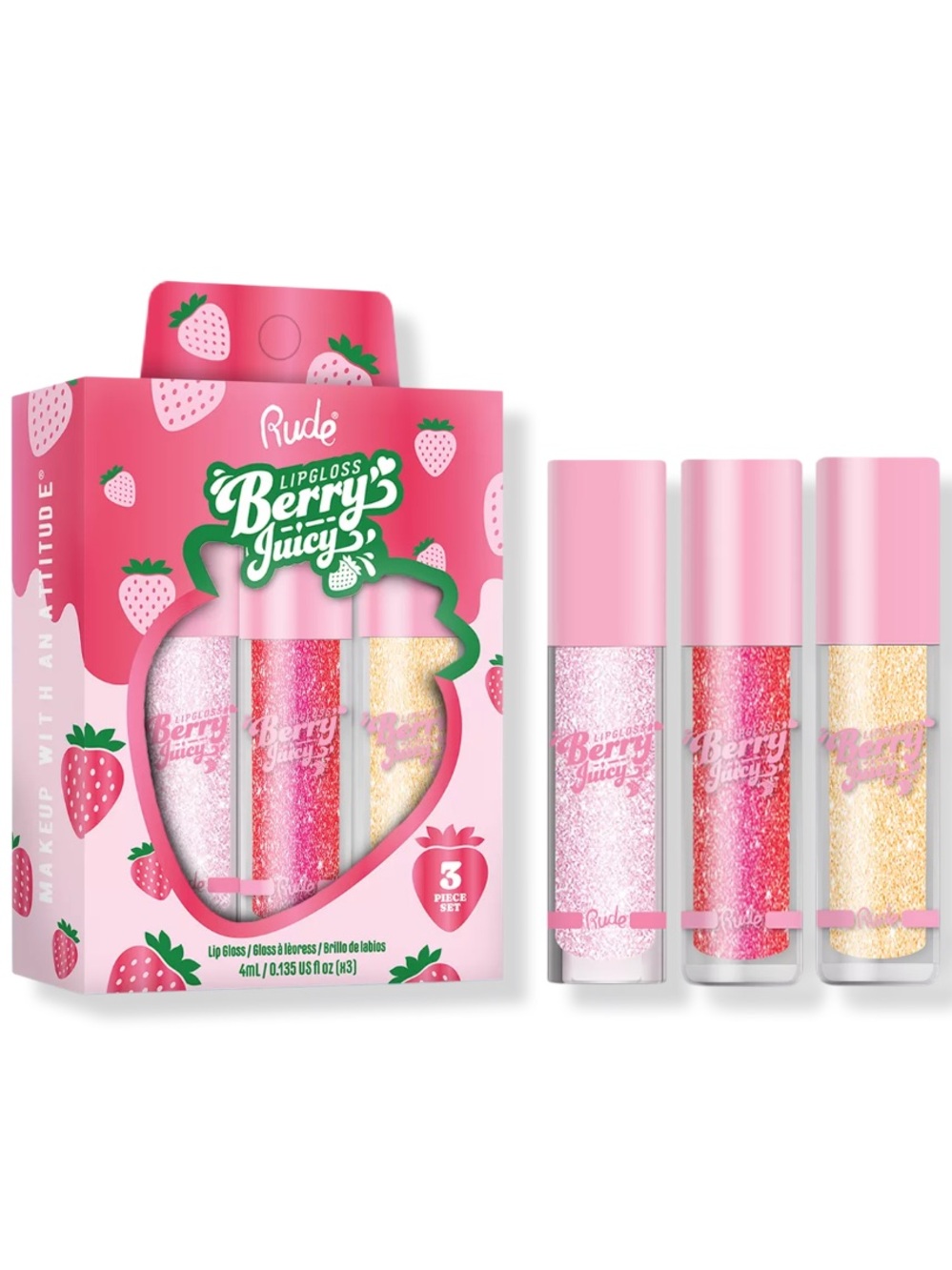 RUDE Berry Juicy Lipgloss Trio in Crystalize/Pixie Pink/Golden Hour 4ml X 3 NEW